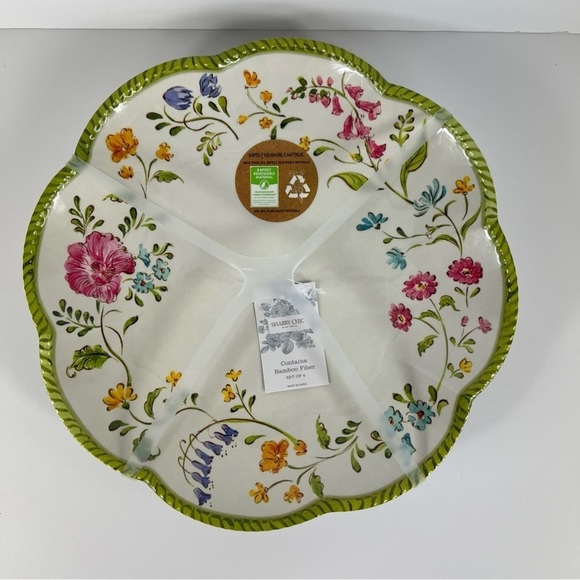 Shabby Chic Melamine Dinner Plates Floral Spring Scalloped Green Pink 4 pc NEW - Picture 1 of 10